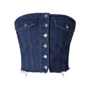 Denim Corset Top Button Front Raw Hem Smocked Back Crop Tube Tops Dark Blue